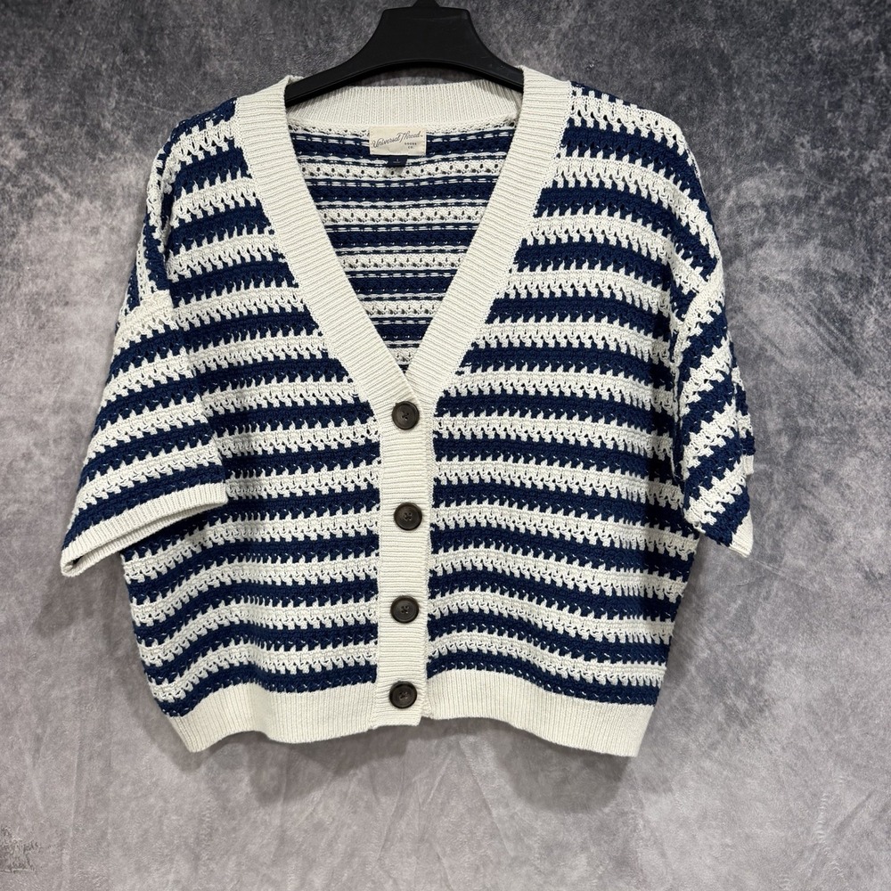 Universal Thread Women’s L Navy Ivory Crochet Knit Striped Cardigan Short Sleeve